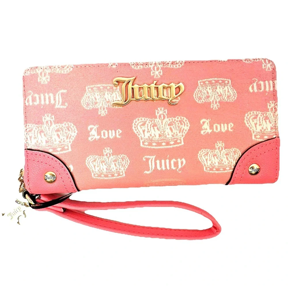 Juicy Couture Fan Club Crown Zip Around Wallet Wristlet Pink Scotty Dog NWT